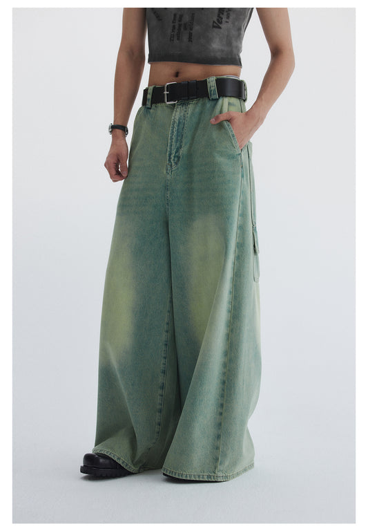 Wide-leg flared multi-pocket washed denim pants