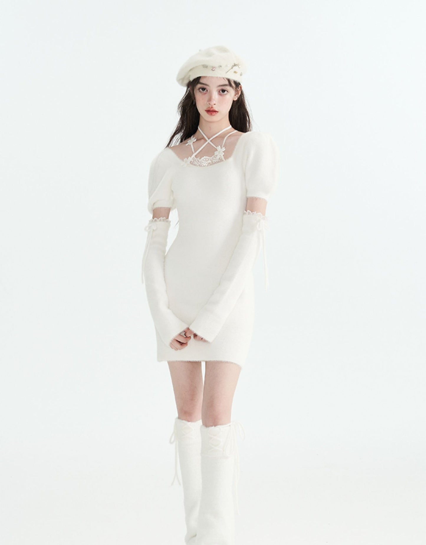 Slim Fit Square Neck Arm Warmer Knit Dresses & Tops