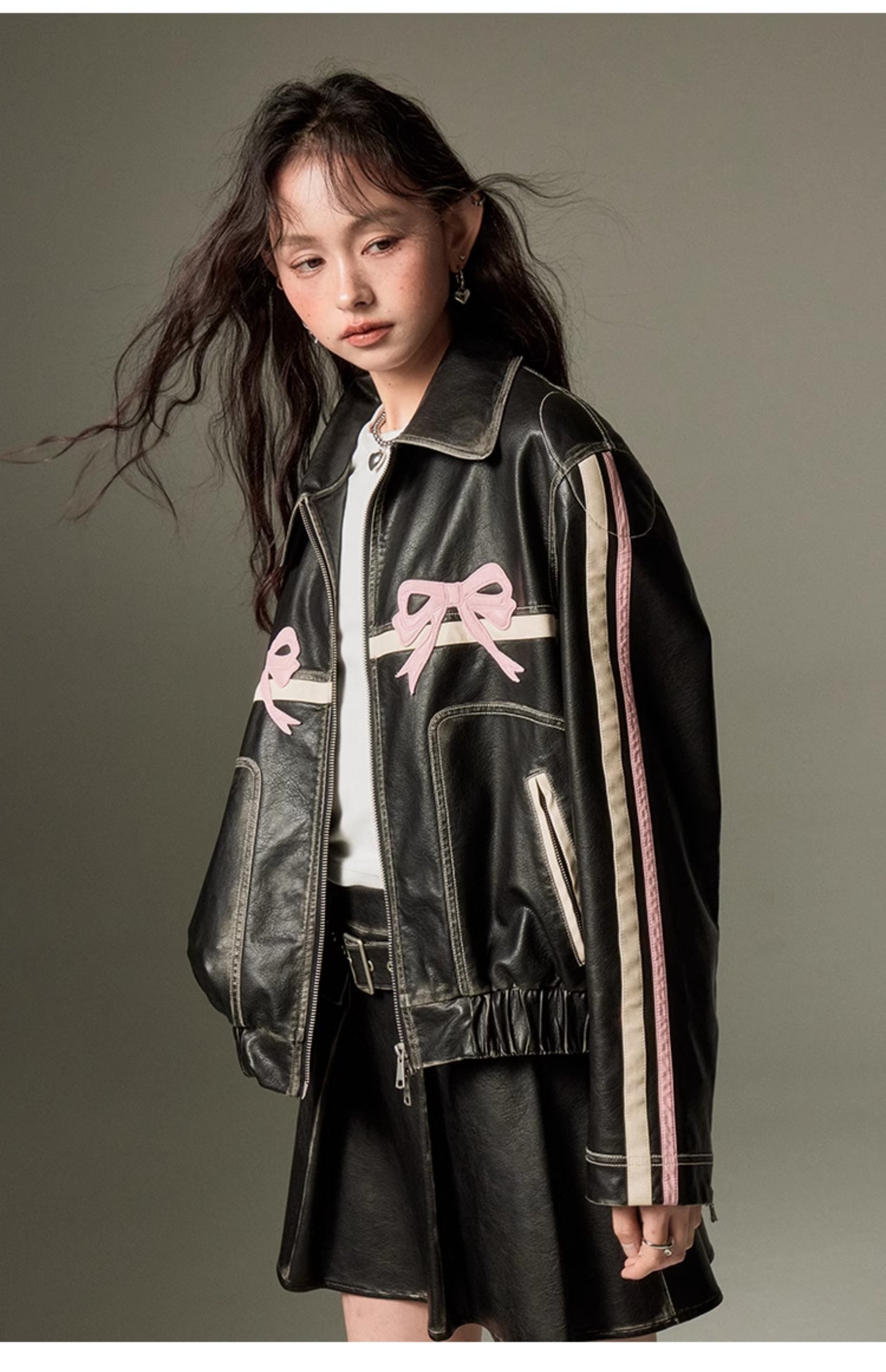 Retro Black Ribbon Leather Jacket