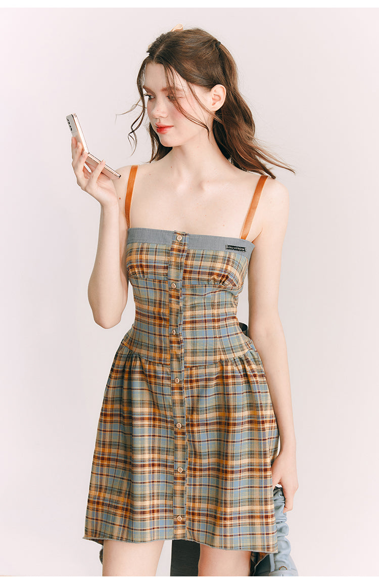 Back Ribbon Plaid Short Suspender One-piece