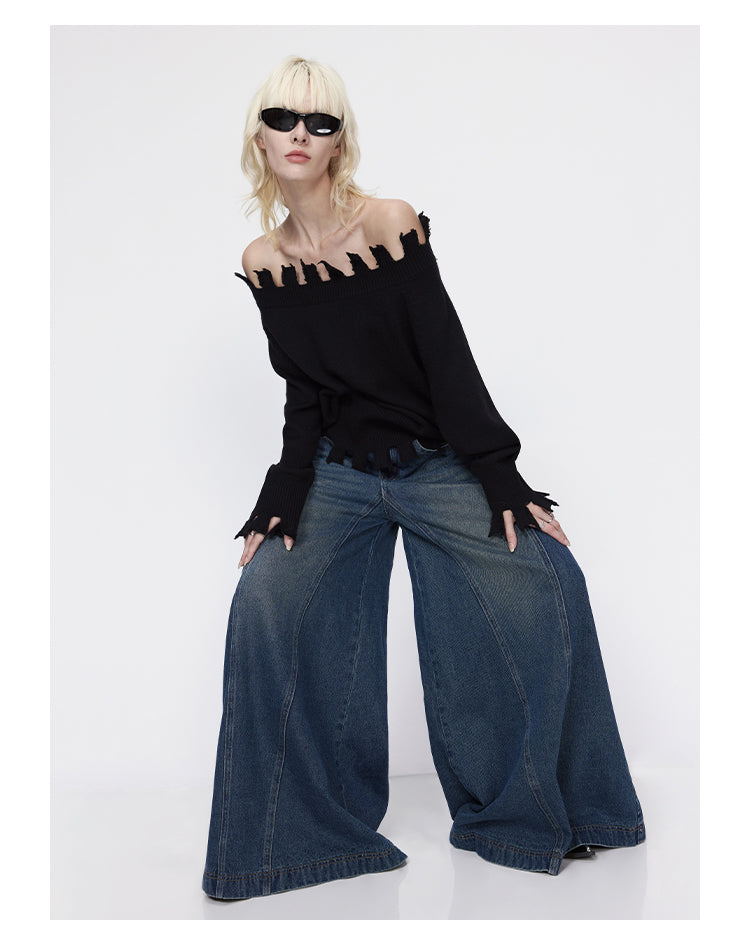 Oversized wide leg washed retro glare denim pants