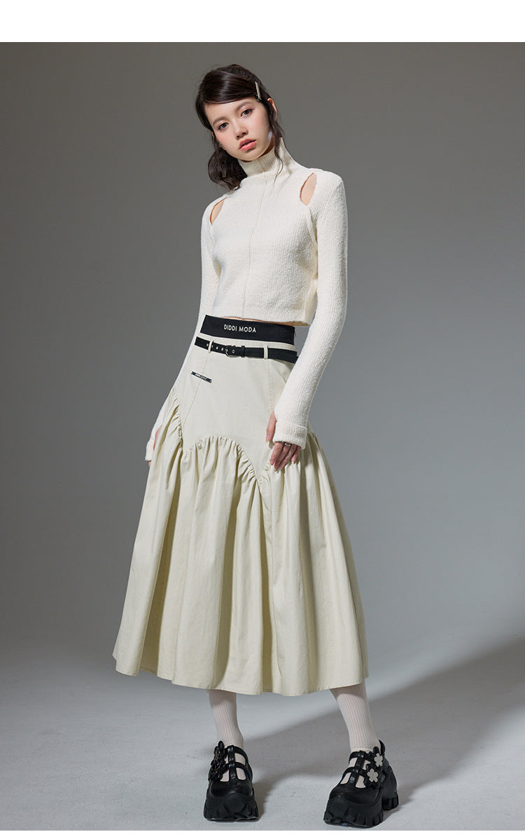 High Waist Stitch Pleated A-Line Long Skirt