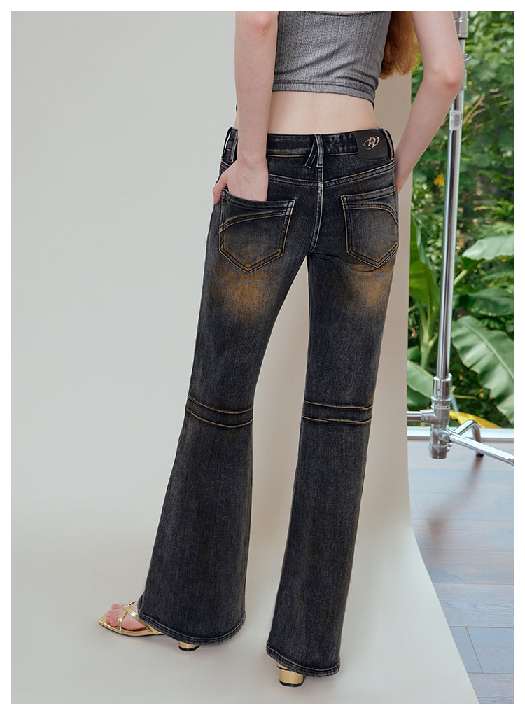 Slim fit washed retro flared bootcut denim pants