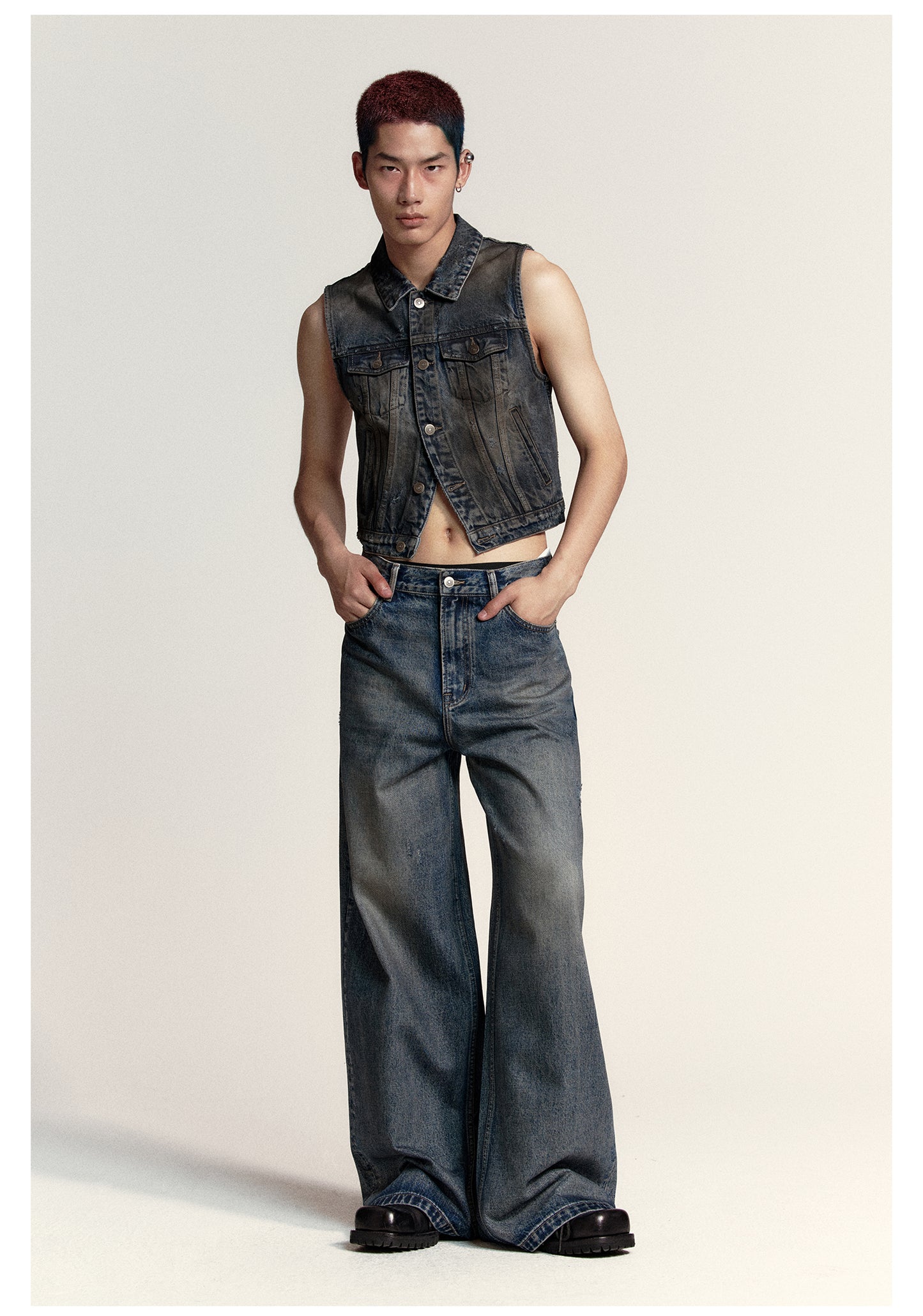 Wide straight washed retro denim pants