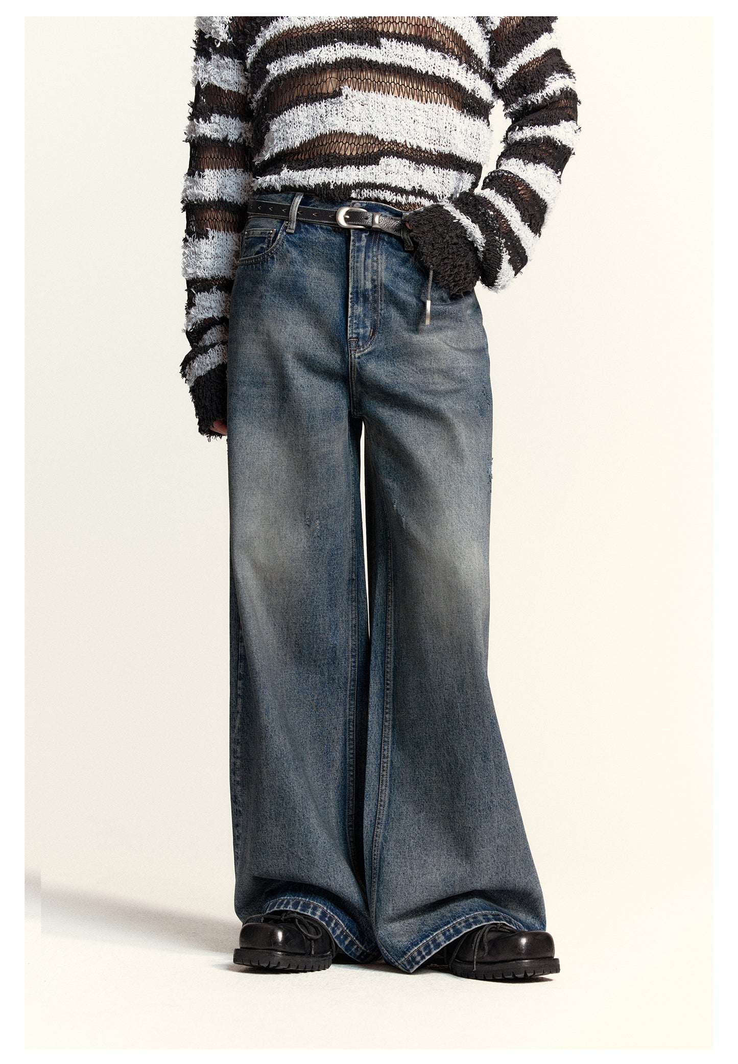 Wide straight washed retro denim pants