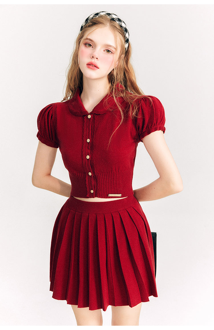 Puff Sleeve Short Length Knit & Pleated Short Length Skirt Setup