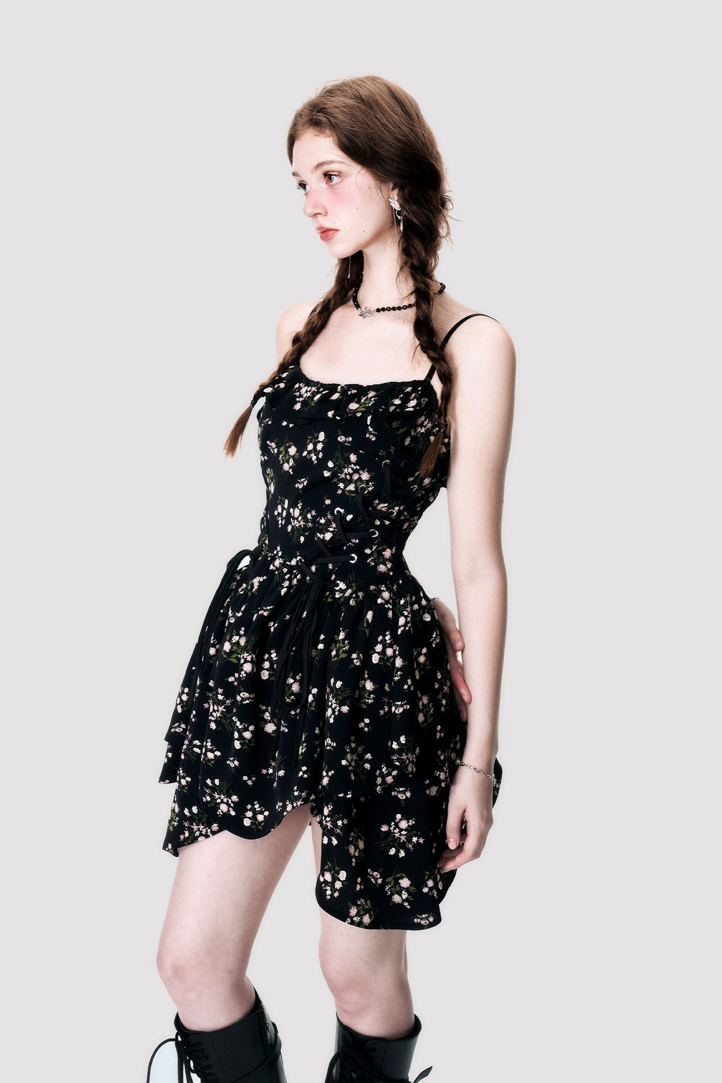 Irregular Waist Floral Short Length Dress