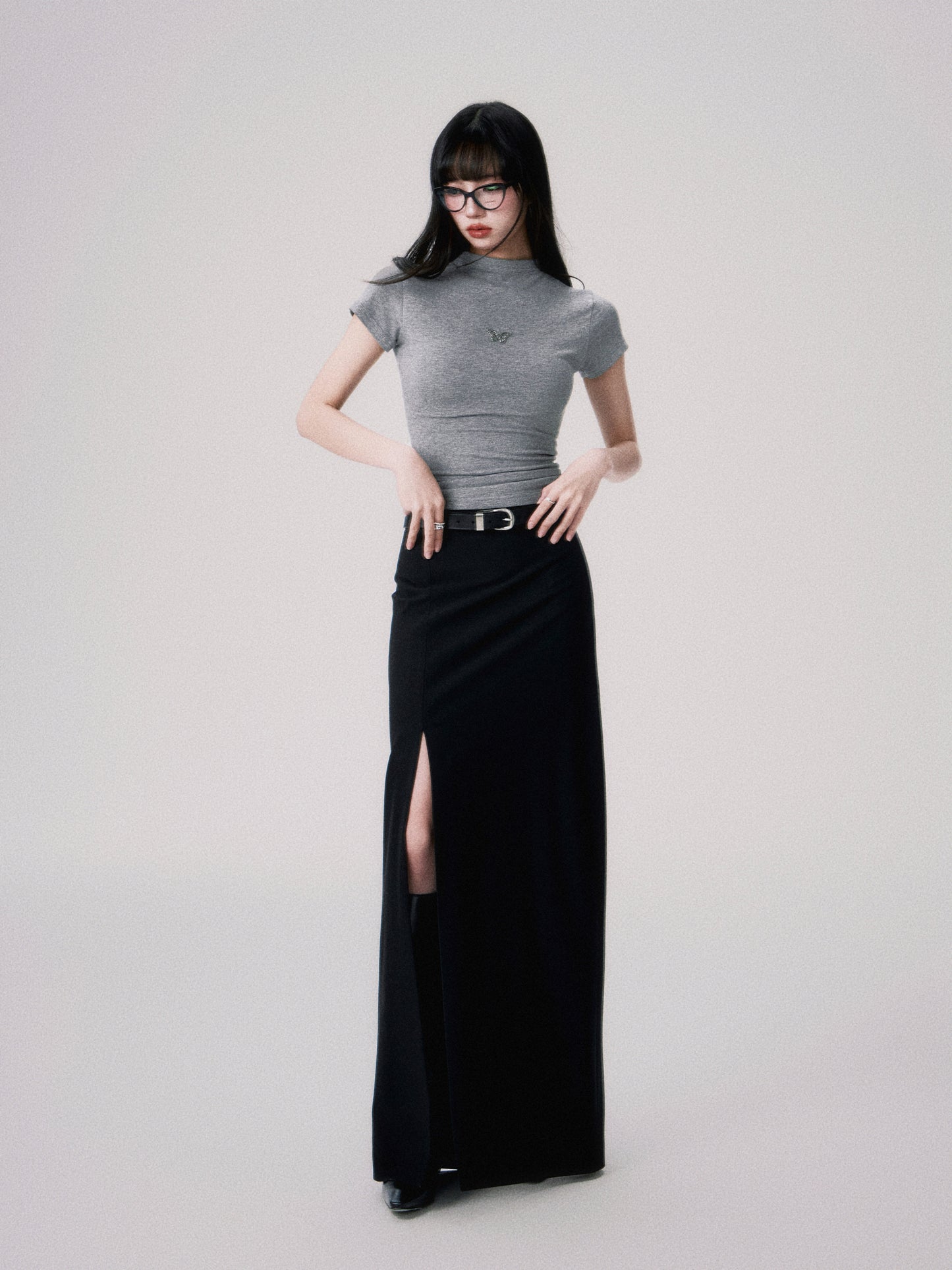 Slim straight mid-waist slit long skirt