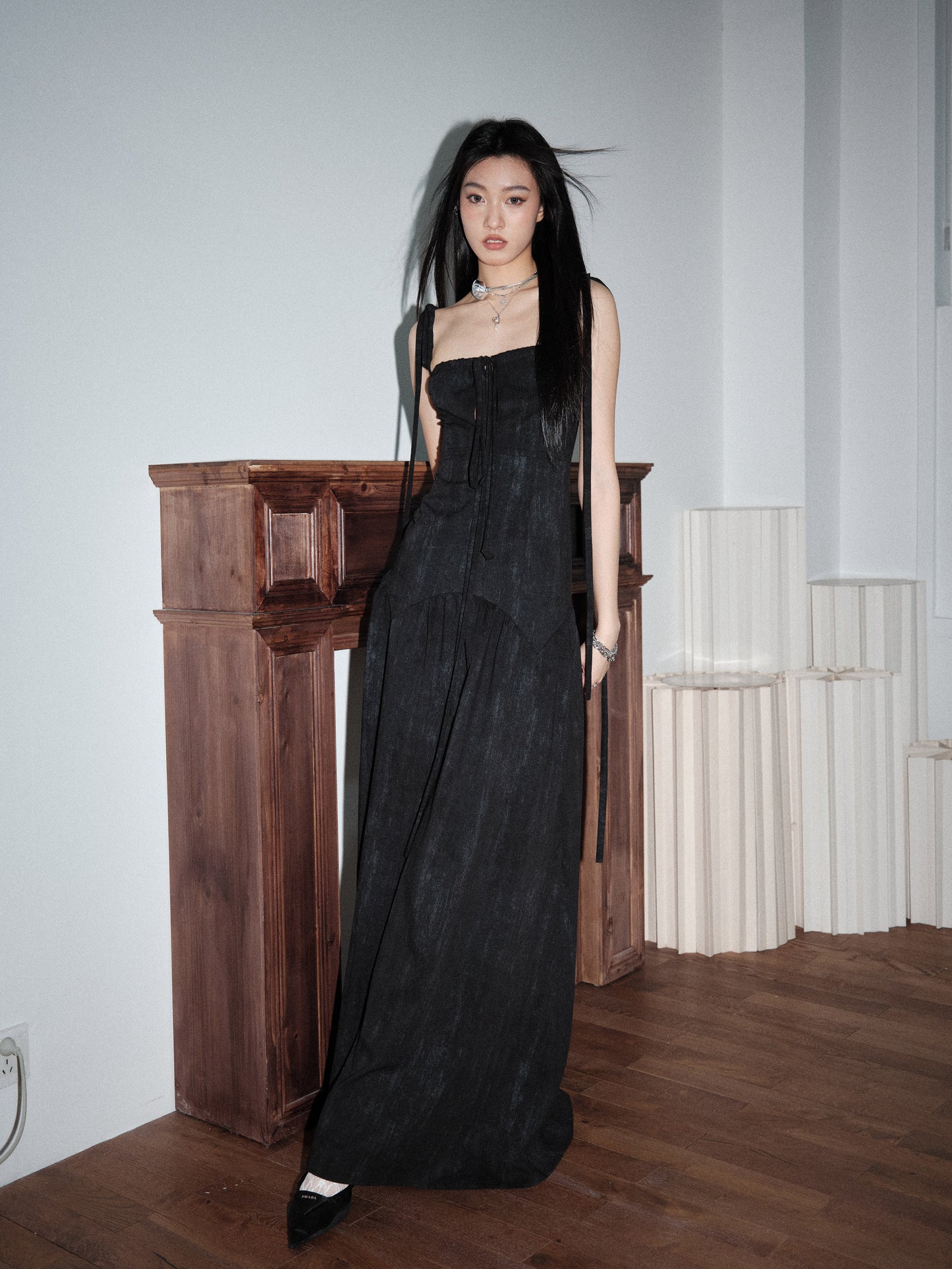 Hollow Lace-Up Extra Long Dress