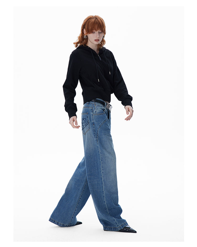 Back pocket embroidery retro washed denim pants