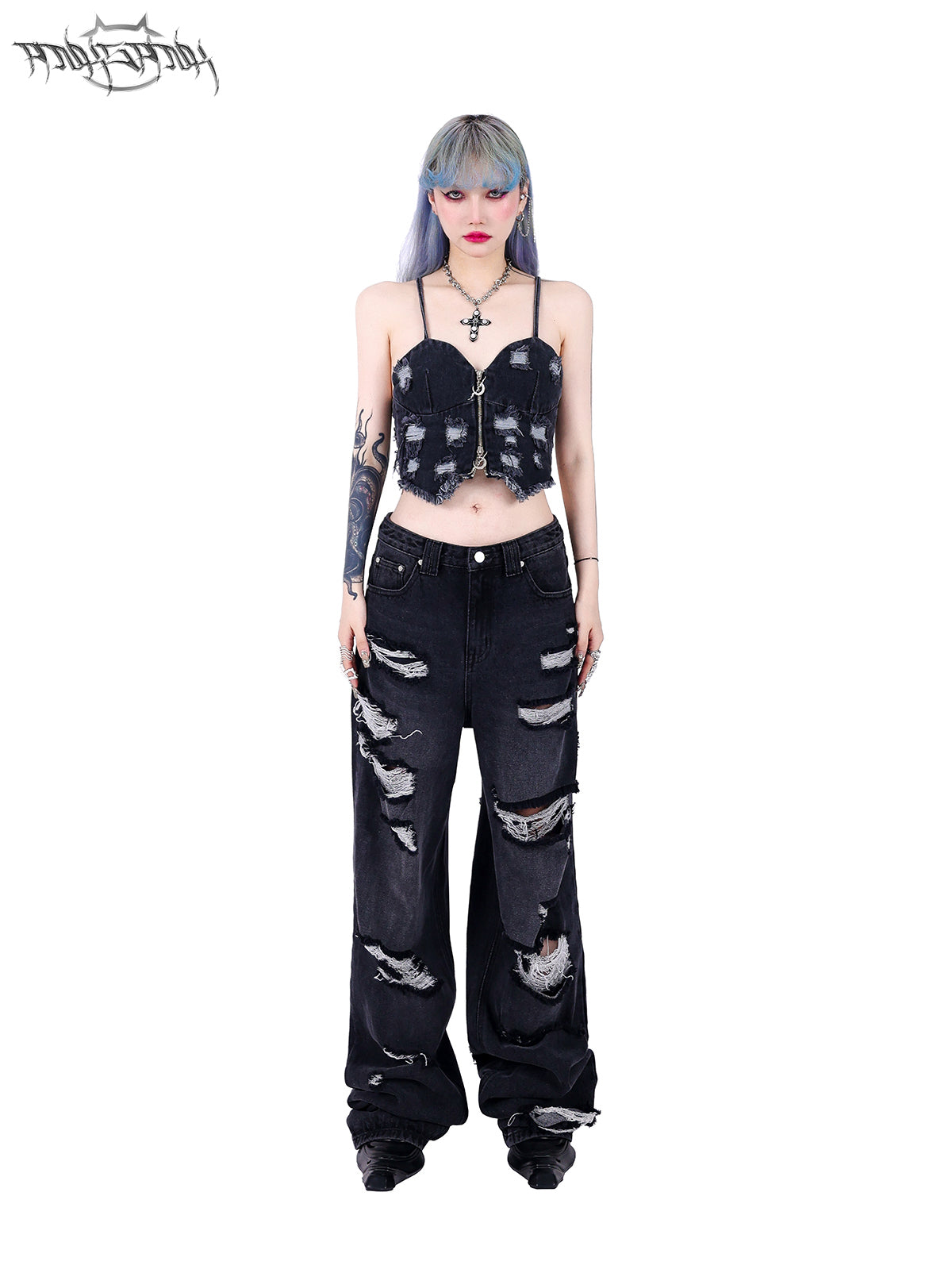 Wide Leg Irregular Damaged Denim Pants