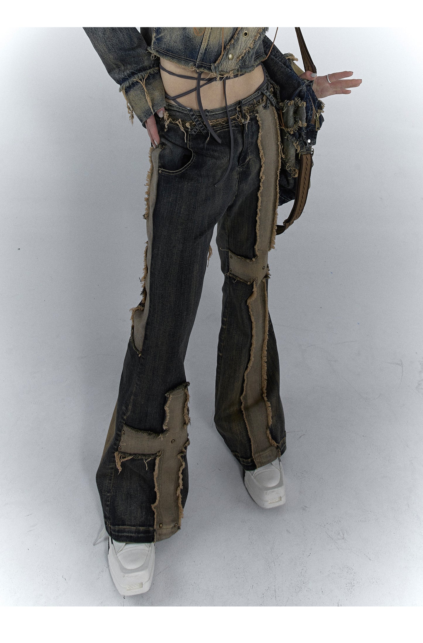 Washed Cross Damaged Design Flared Denim Pants