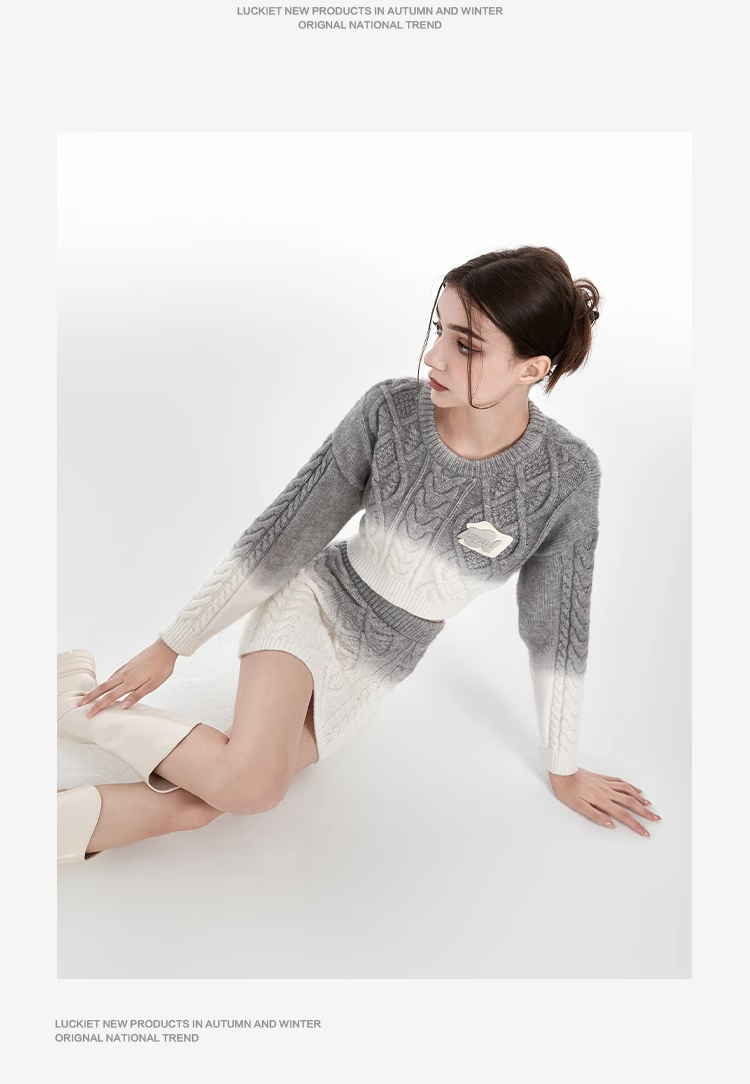 Cable spray-dyed pullover gradient sweater &amp; skirt set up