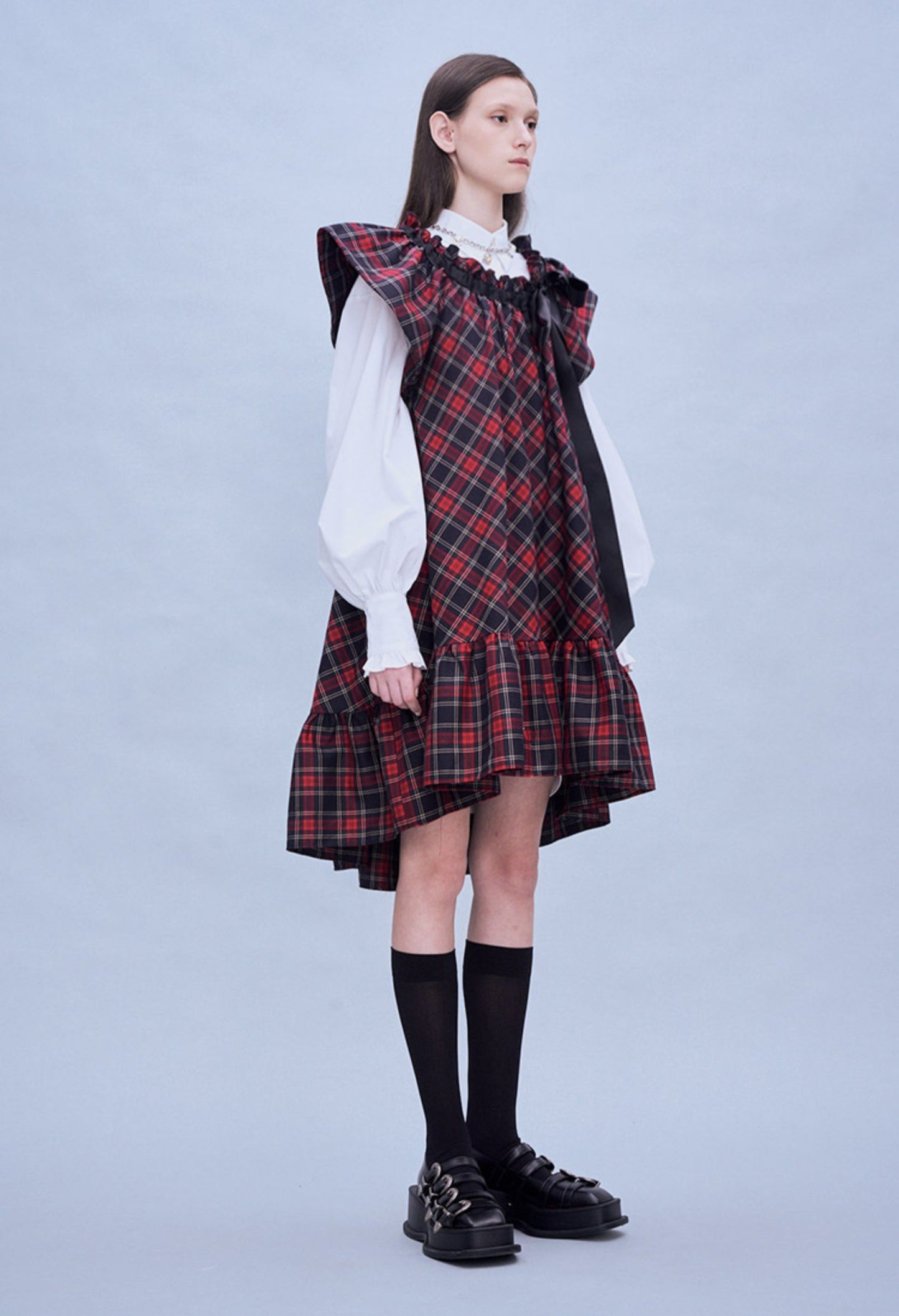 Plaid Neck Ribbon A-line Dress