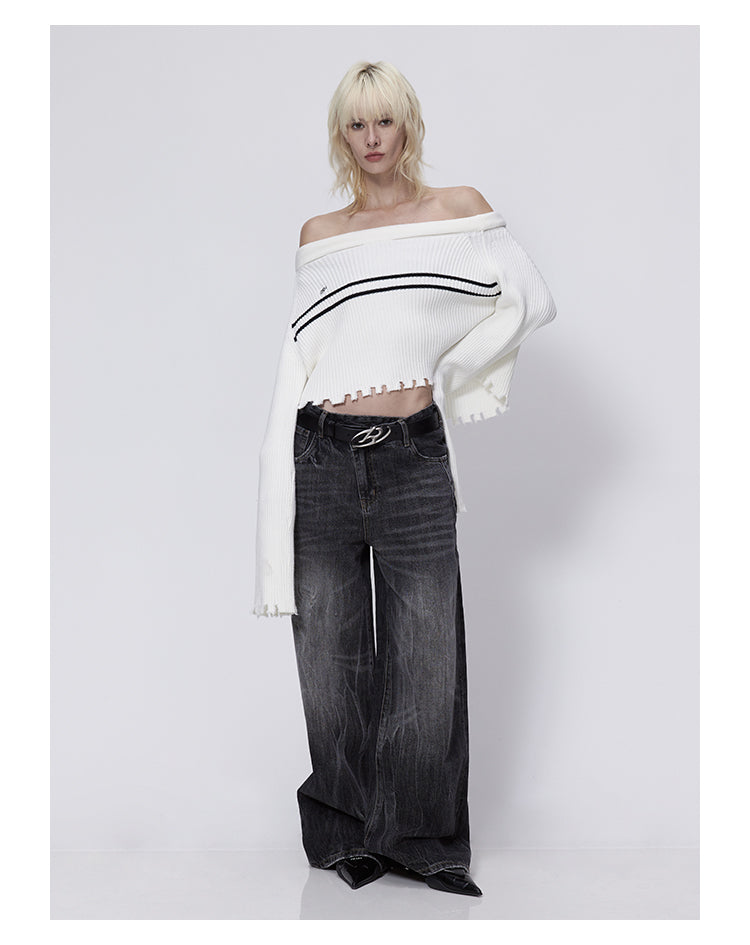 Wide Leg Washed Retro Flared Black Denim Pants