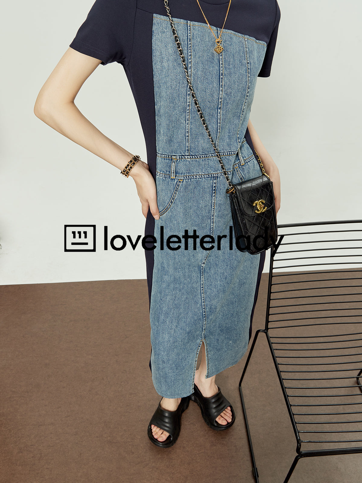 Slit Denim Splicing Dress