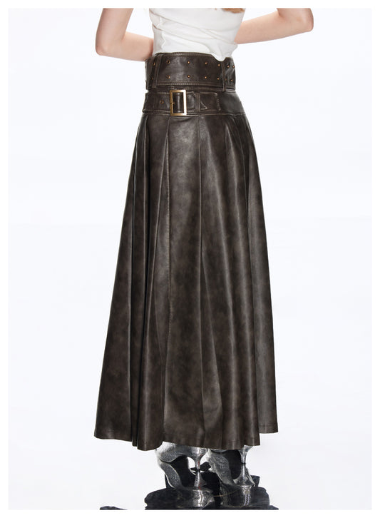 A-line Long Length Pleated Retro Leather Skirt