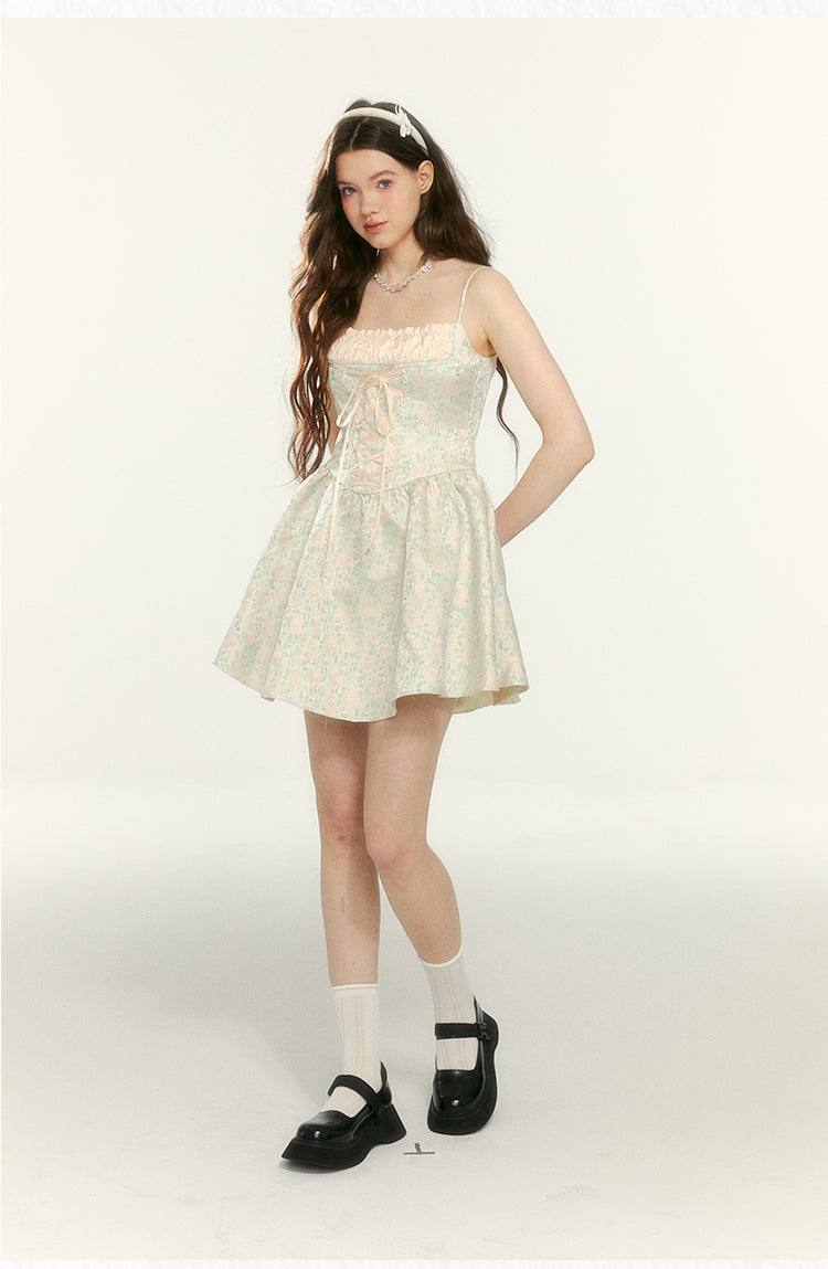 Retro Jacquard Floral Pattern Suspender Dress