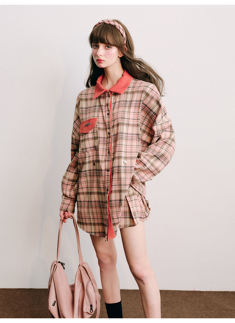 Loose Fit Plaid Shirt Jacket &amp; Pleated Skirt Set-Up