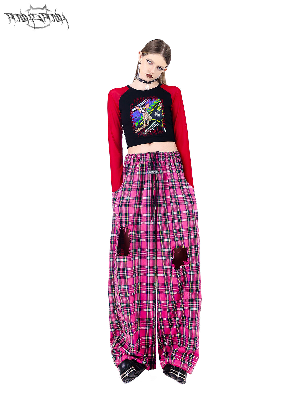 Loose Straight Damaged Plaid Casual Pants