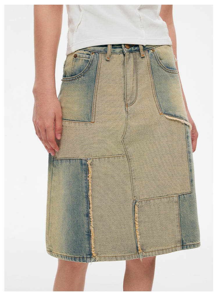 Reconstructed Retro Washed Slim A-Line Skirt