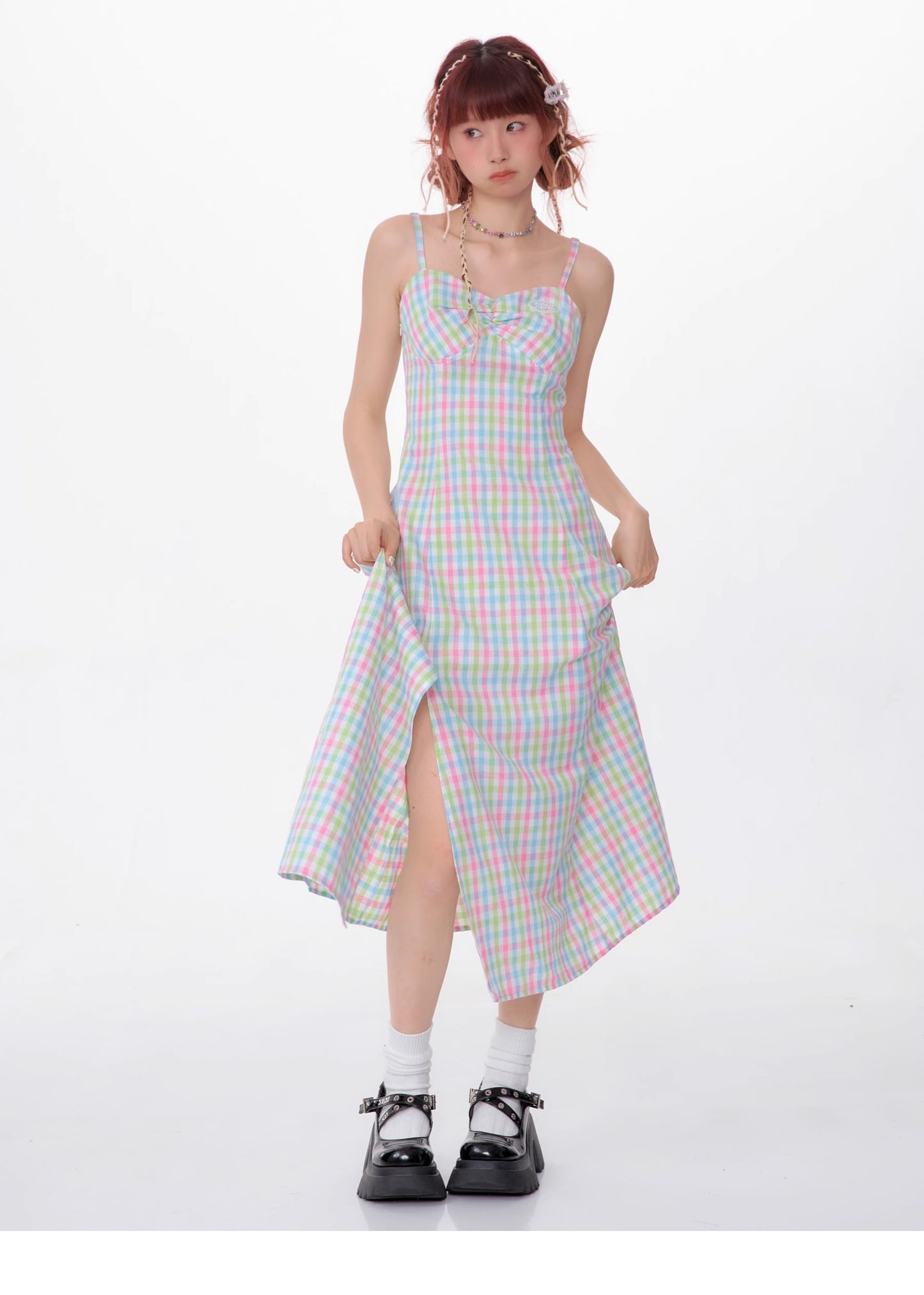 Slit Suspender Plaid Dress