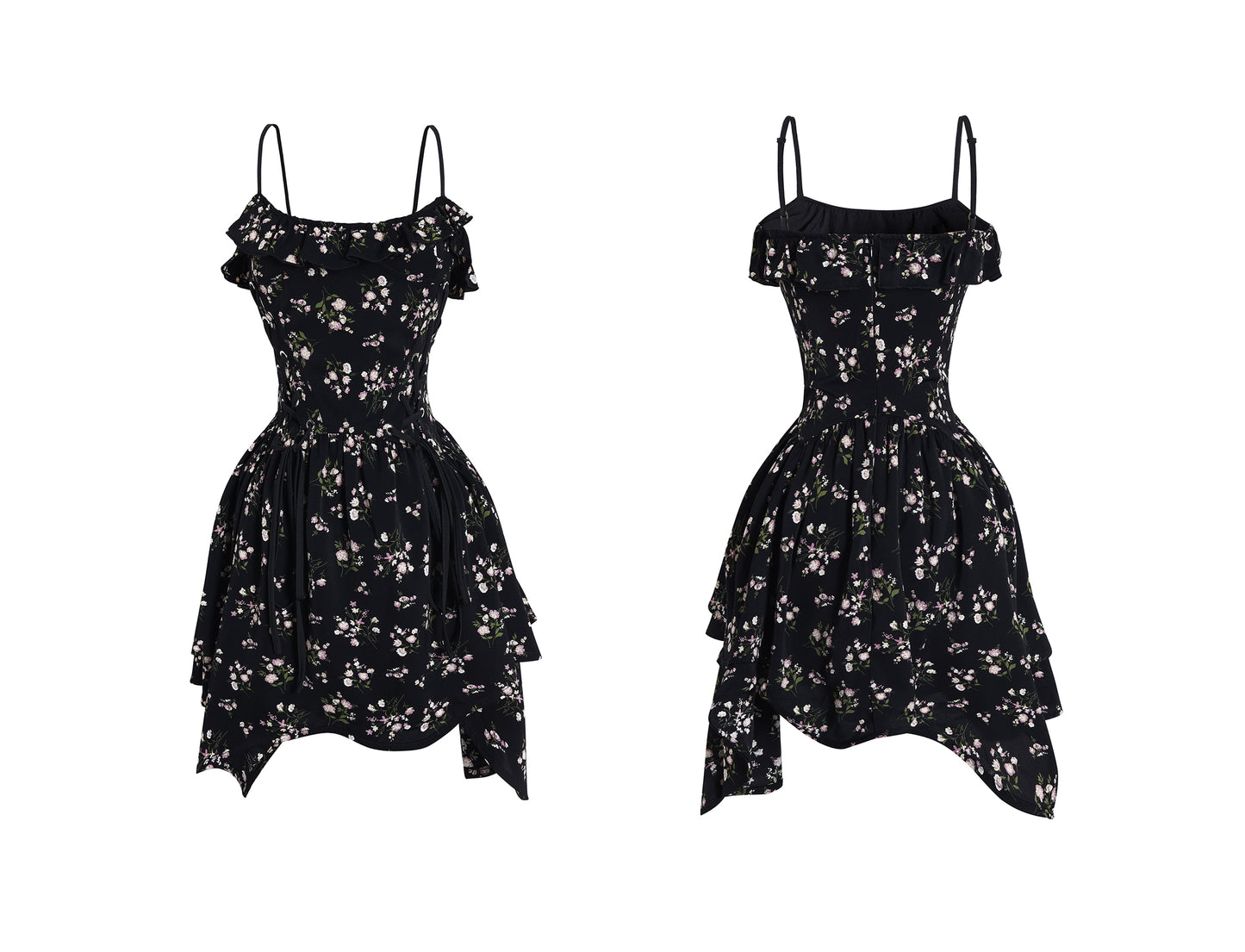 Irregular Waist Floral Short Length Dress