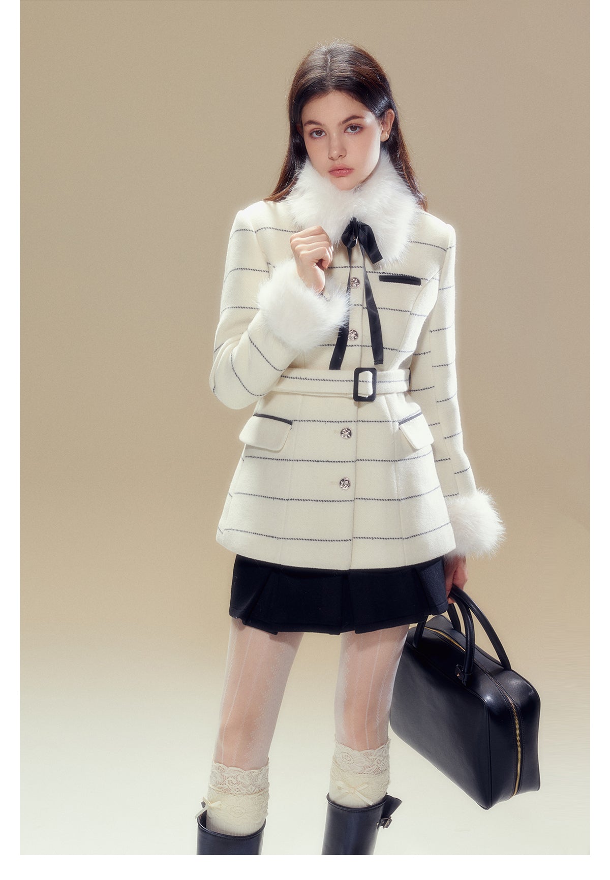 Short length striped collar fur wool coat