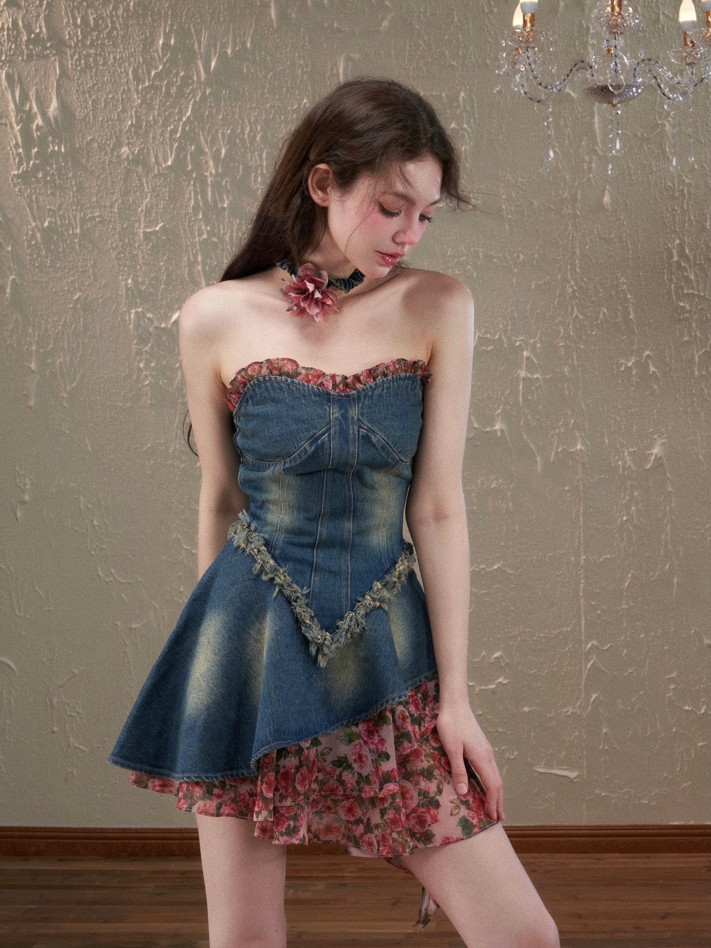 Flower Stitch Tube Top Denim Dress