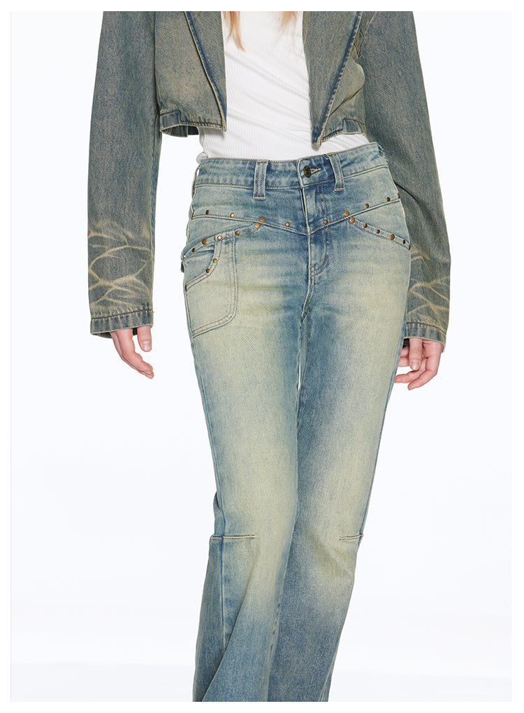 Short washed retro denim jacket &amp;Slim straight washed retro flare denim pants