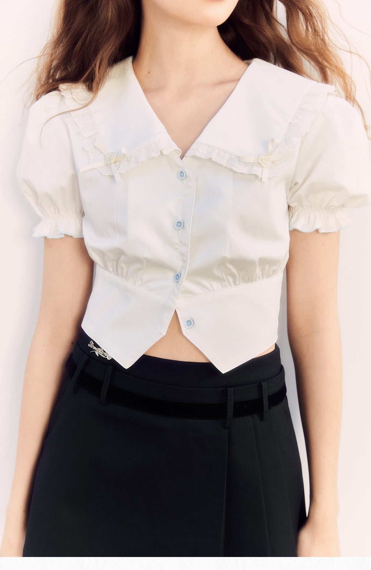 Puff sleeve label waist short shirt