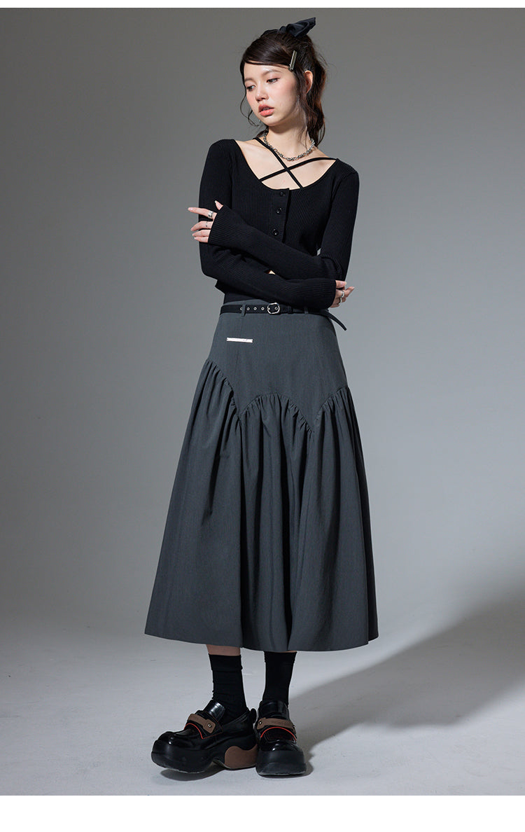 High Waist Stitch Pleated A-Line Long Skirt