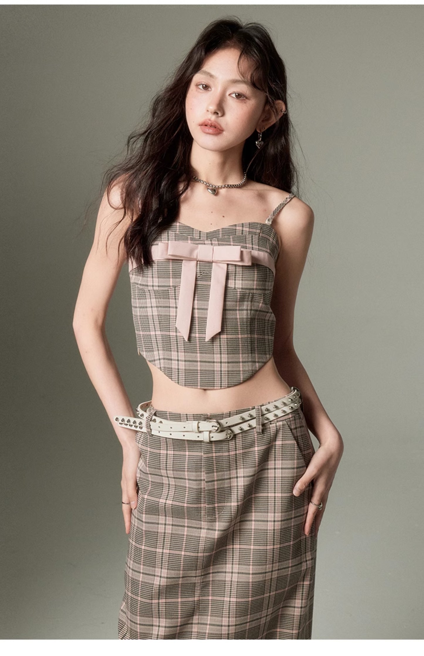 Plaid ribbon tube top &amp; a-line long length skirt set-up