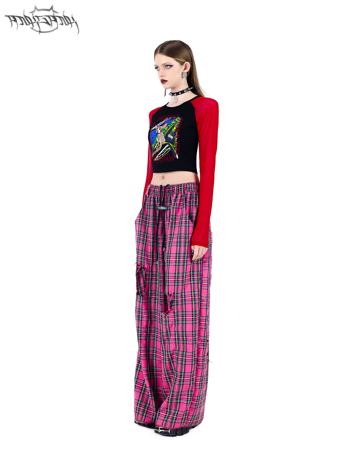 Loose Straight Damaged Plaid Casual Pants