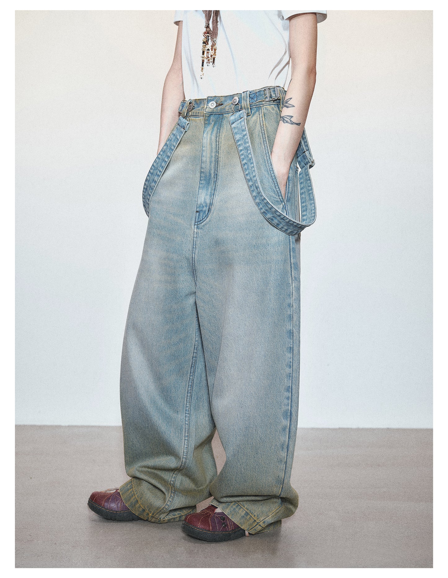 Retro Washed Casual Denim Suspender Pants