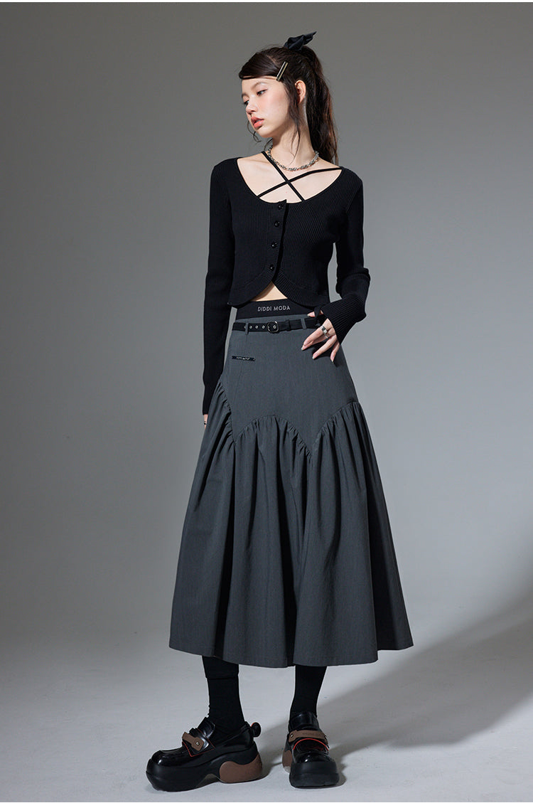 High Waist Stitch Pleated A-Line Long Skirt