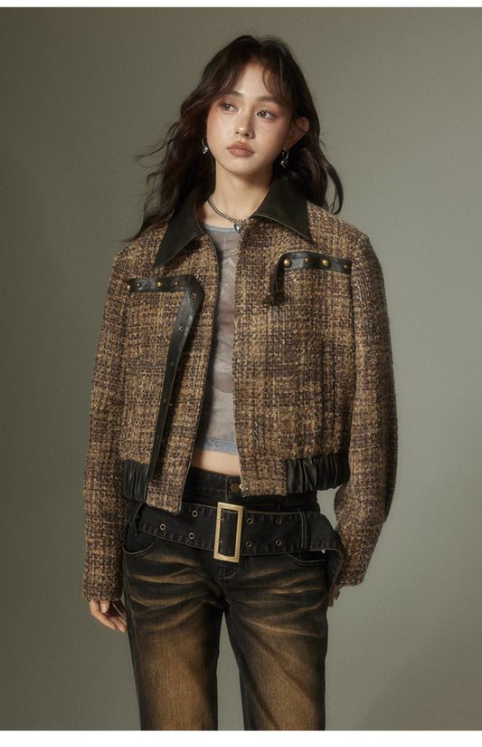 Brown Check Leather Patch Jacket