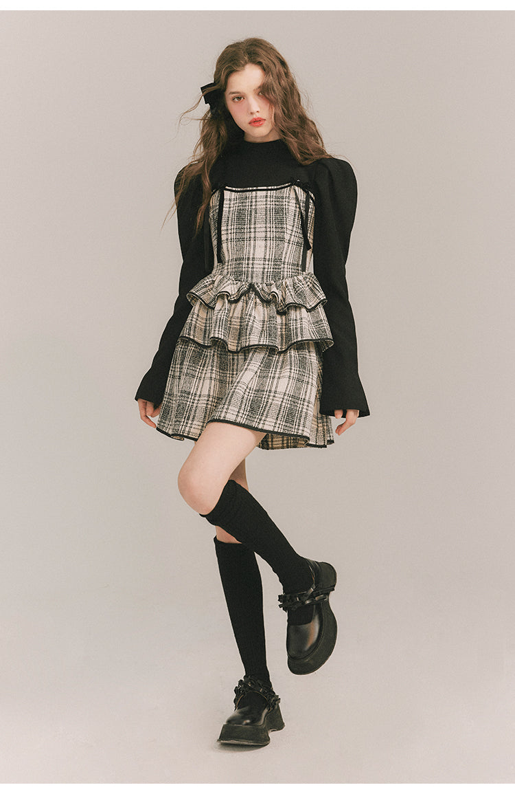 Checkered Shoulder Bow Fake Two-piece Dress