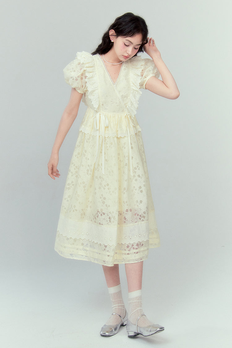 V-Neck Floral Pattern Ruffle Puff Sleeve Long Length Dress