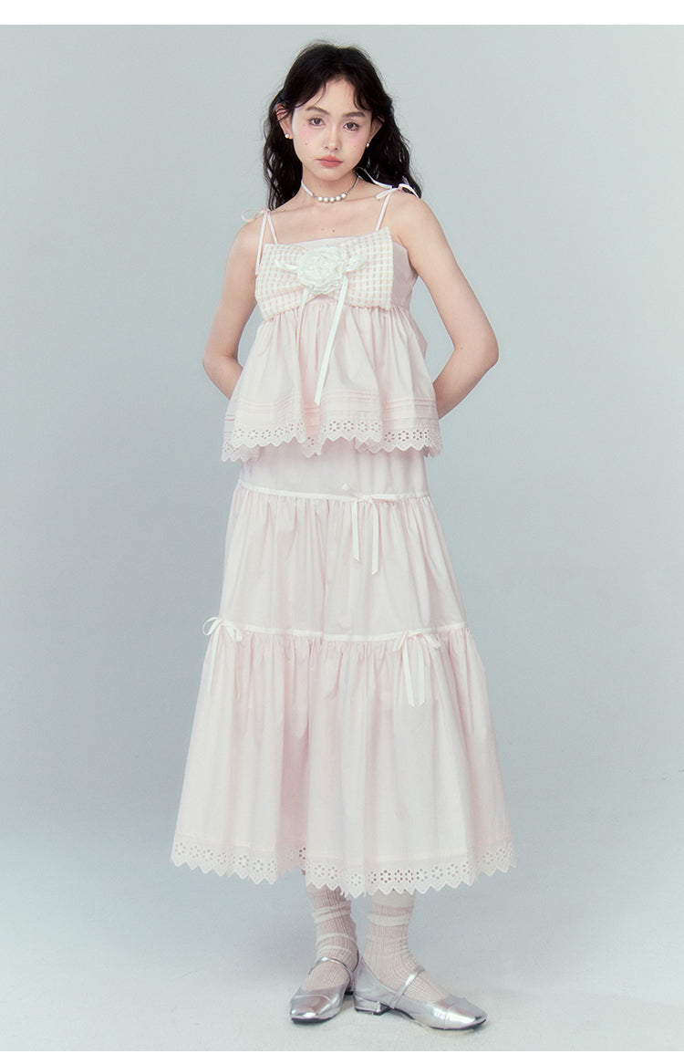 Front Bow Puff Short Sleeve Suspender Blouse &amp; A-Line Long Sleeve Skirt Set Up