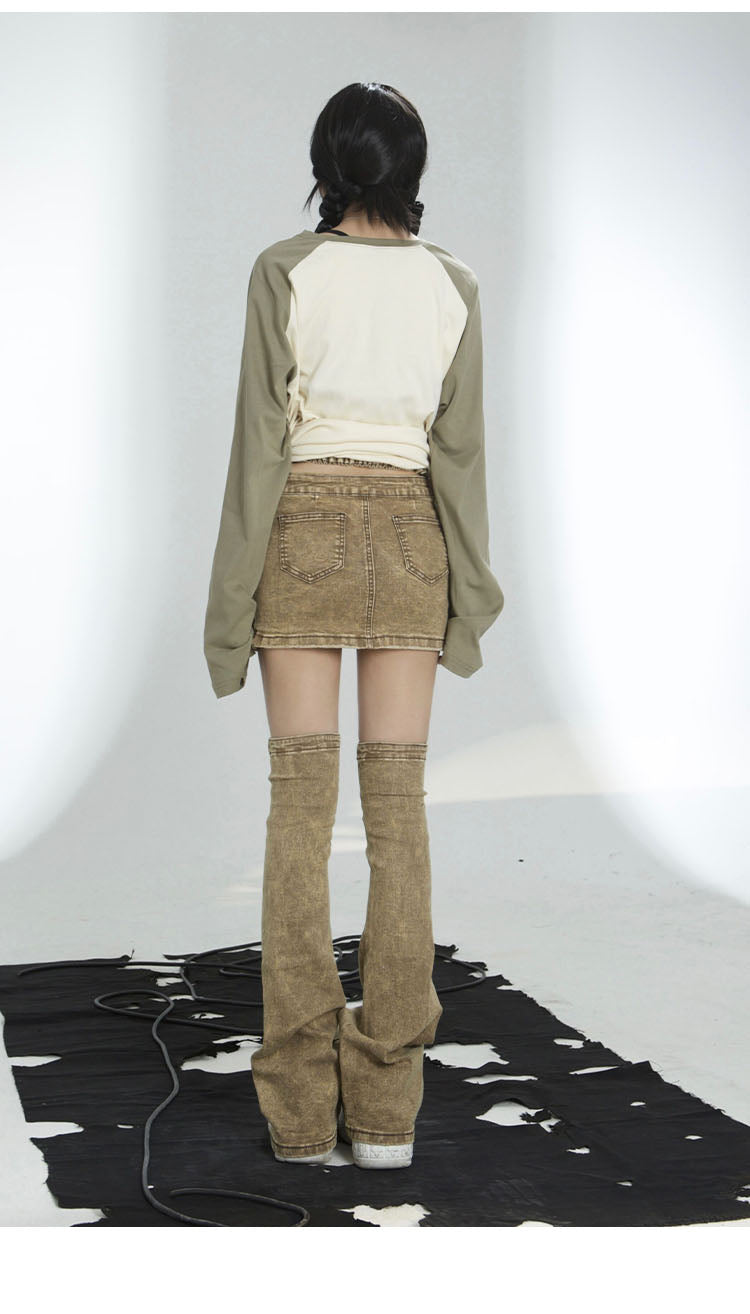 Irregular Design Beige Denim Skirt & Leg Calf