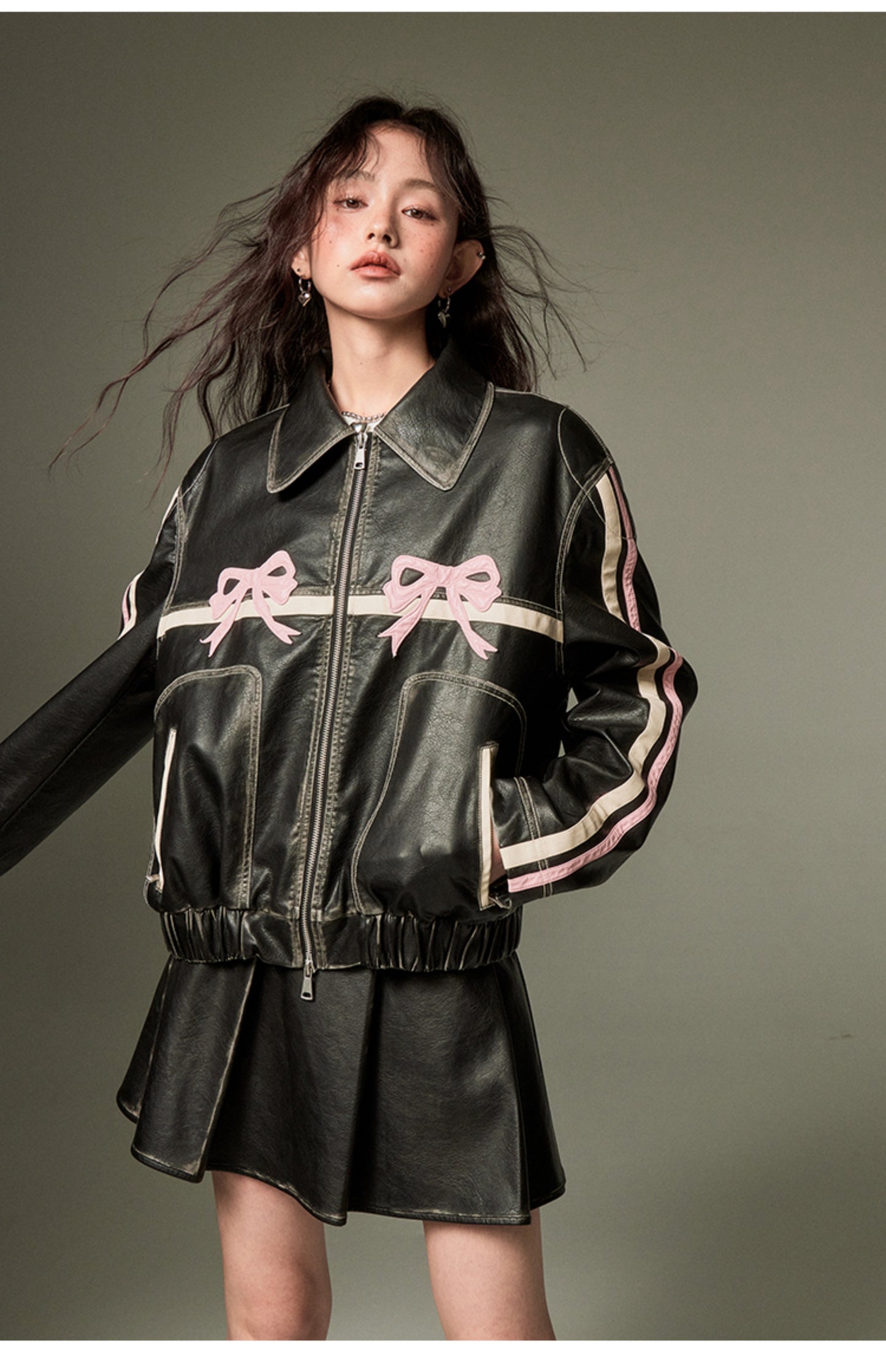 Retro Black Ribbon Leather Jacket