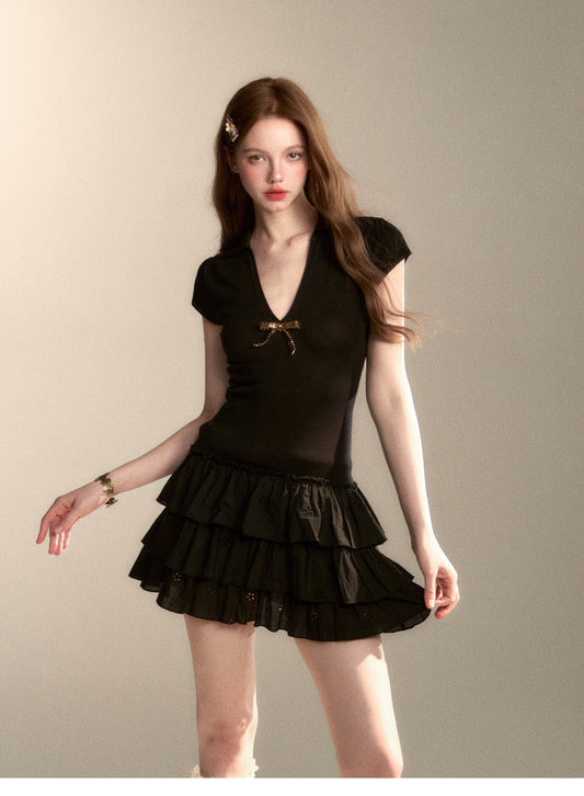 V-neck dress with ribbon