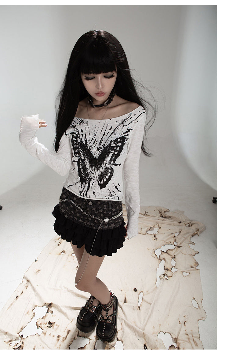 Short length butterfly long sleeve T-shirt