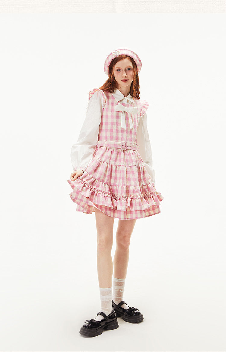 Original Pink Long Sleeve Fall High End Sweet Splicing Plaid Dress