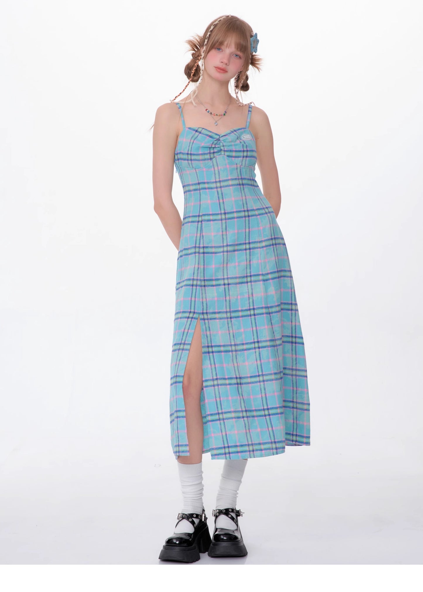 Slit Suspender Plaid Dress