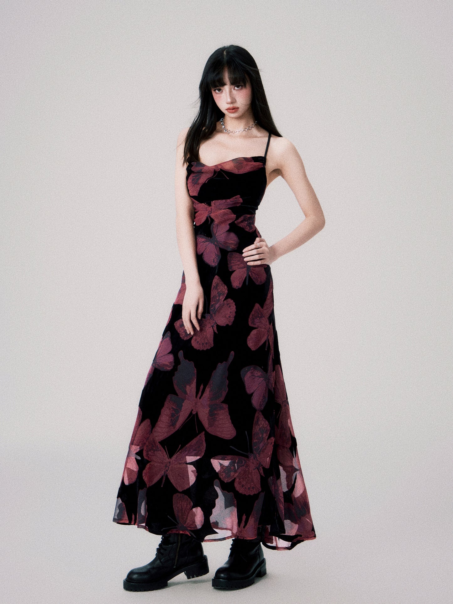 Square Neck Velvet Butterfly Suspender Dress