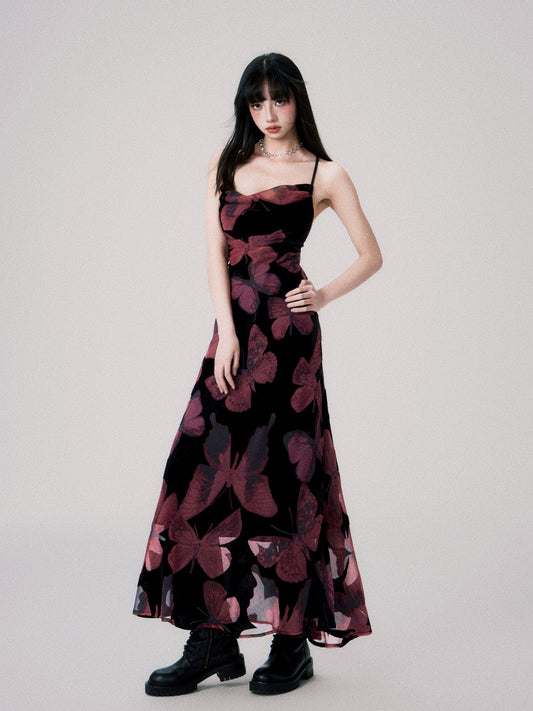 Square Neck Velvet Butterfly Suspender Dress