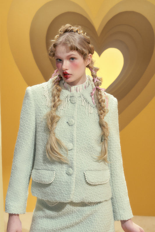 Mint green pearl tassel decorated wool short coat