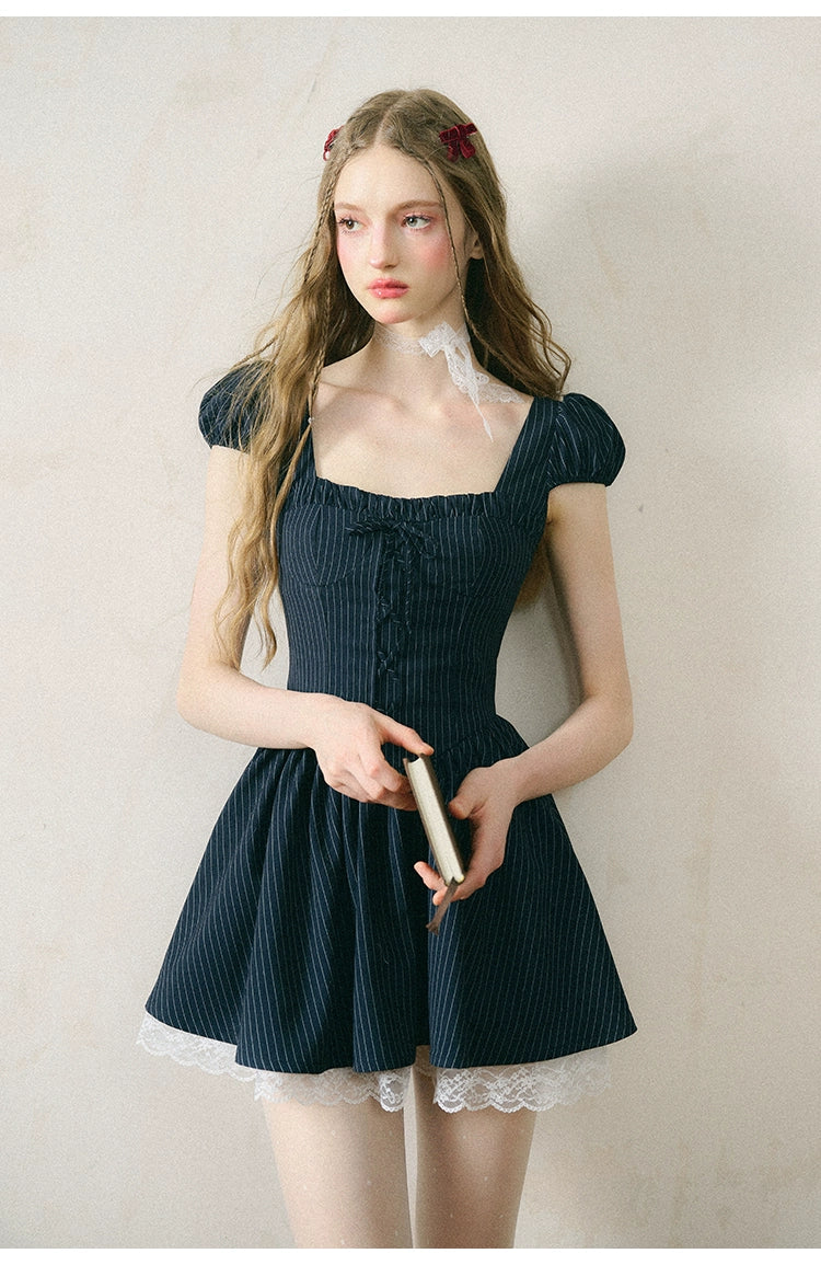 Ribbon Lace Stripe Puff Sleeve Dress